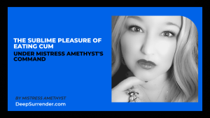 image of Mistress Amethyst with finger on chin with a medium blue background